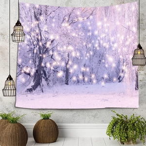 Dreamy winter forest tapestry in purple tones with warm light for wall decoration