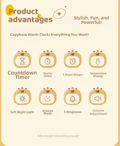 Detail view of Capybara smart alarm clock with night light and countdown features