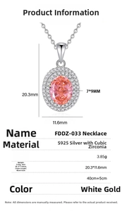 Detail view of S925 silver necklace with oval pink gemstone pendant and side stone dimensions