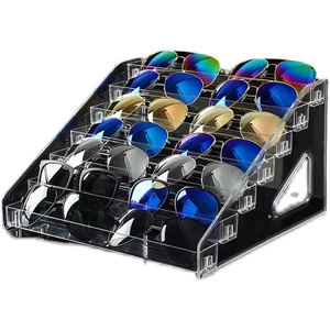 6-tier acrylic sunglasses display stand with black side panels and transparent shelves