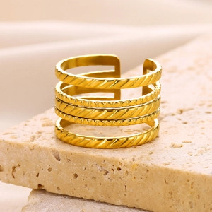 Macro detail of 18k gold plated stainless steel multi-layer ring with textured finish
