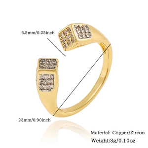 Detail showing dimensions of gold open ring with micro-pave zircon square accents