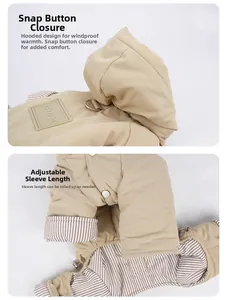 Detail of pet jacket snaps, windproof hood and adjustable cuffs for small dogs