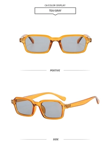 Detailed front and side views of tea-colored square sunglasses with gray lenses