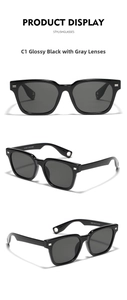Three-view display of square black sunglasses showing metal bridge and temple cutout details