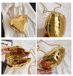 Detail showing the open view and multi-angle views of a heart-shaped golden clutch bag