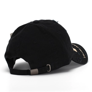 Black distressed cotton baseball cap with gold embroidery and metal buckle closure