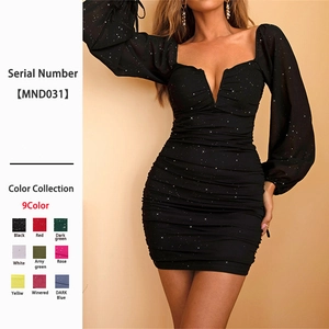 Ruched Bodycon Mini Dress Glitter V-Neck Lantern Long Sheer Sleeve Sexy Backless Party Clubwear Elegant For Women