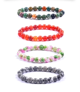 Vertical detail of four 8mm natural stone elastic beaded bracelets in various colors