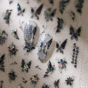 Holographic laser butterfly nail stickers with artistic Chinese calligraphy decals