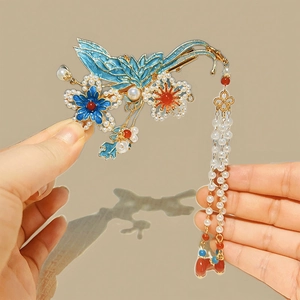 Pince À Cheveux Vintage Papillon Fleur Alliage Émail Künstliche Perle Artificielle Longue Frange Épingle À Cheveux Style Ancien Femmes Bleu