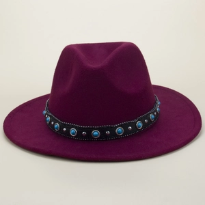 Purple wide-brim felt fedora hat with bohemian turquoise studded leather band decoration