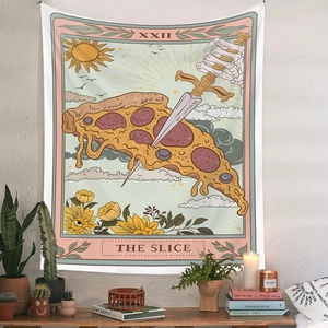 Detail of tarot style pizza slice tapestry with sunflowers and sun illustration