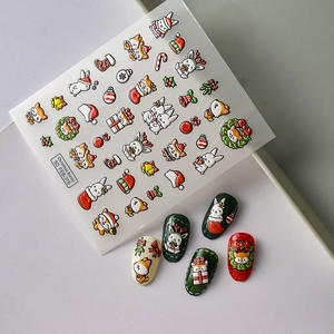 5D Christmas Bunny embossed nail art stickers with festive red and green 3D relief designs