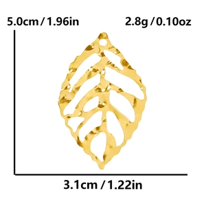 Golden 304 stainless steel leaf pendant dimensions: 5.0cm length by 3.1cm width and 2.8g weight