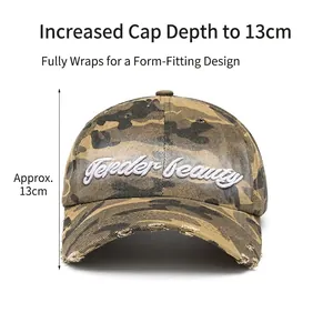 Washed camo baseball cap with Tender beauty 3D embroidery and distressed brim details