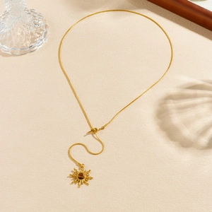 Gold-plated stainless steel sun pendant necklace with tiger eye stone on snake chain