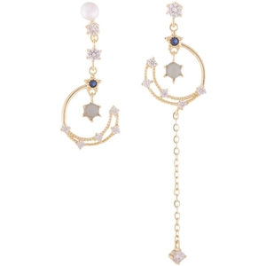 Asymmetric gold moon and star earrings with pavé crystals, pearls and tassels