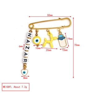 Detailed size parameters for the golden evil eye pin brooch with multi-charms and beads