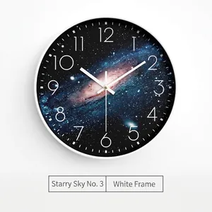 Silent 10-inch creative wall clock with white frame and starry galaxy dial pattern