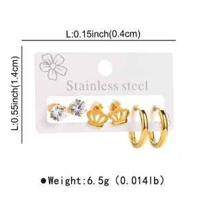 Detailed set of three stainless steel earrings including crown, zircon, and gold hoop