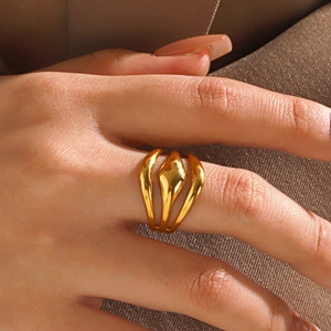 Multi Layer Wave Geometric Ring Stainless Steel Vacuum Plated Minimalist Organic Style Fashion Jewelry For Women