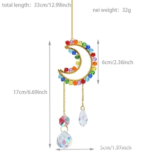 Detailed dimensions of crystal moon suncatcher with rainbow beads and glass pendant