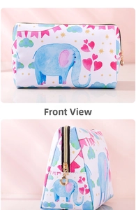 Detailed close-up of cute cartoon elephant print and gold zipper on waterproof PU makeup bag