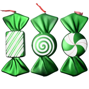 Three 40cm green metallic candy Christmas ornaments with white stripes and red ribbons