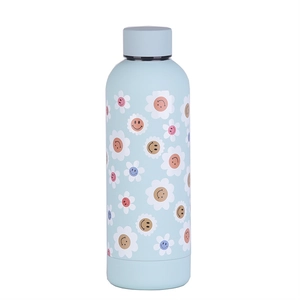 Close-up of light blue vacuum flask with white daisy and colorful smiley face patterns