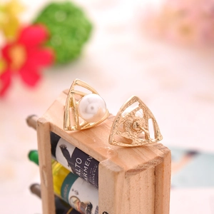 Minimalist gold triangle geometric stud earrings with white pearl inlay for women