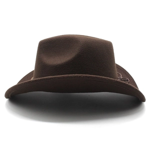 Front view of a dark brown felt cowboy hat with curved brim and decorative side rope