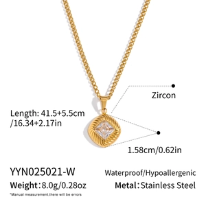 Detail of square zircon pendant on stainless steel necklace with size specifications
