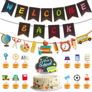 Detailed set of Welcome Back to School party decorations with banners and cake toppers