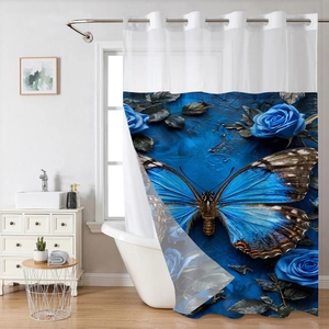 Detail of waterproof butterfly and rose print shower curtain with reinforced metal eyelets