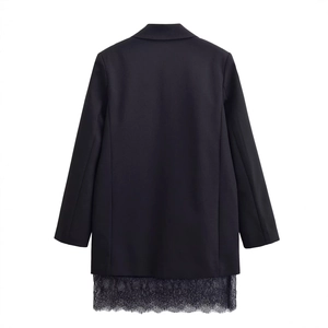 Women's black long sleeve blazer dress with delicate lace hem trim and slim-fit back view