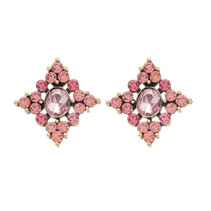 Orecchini vintage a rombo dorati con cristalli rosa ovali su sfondo bianco puro