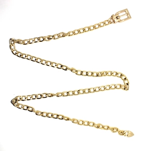 Detailed view of a gold-toned hip-hop metal chain belt with a classic square buckle