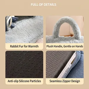 Gray rabbit plush pet bed with non-slip bottom and portable handle for cats and dogs