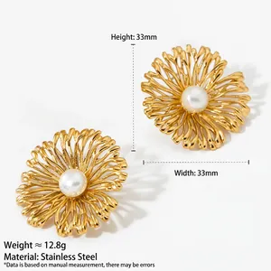 French vintage stainless steel gold daisy stud earrings with pearl center in 33mm size