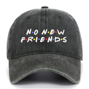 Detail of No New Friends white embroidery on black washed denim baseball cap