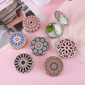 Bohemian round folding pocket makeup mirror with dual side metal frame magnification