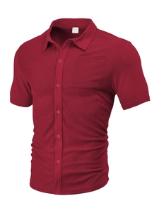 Macro detail of dark red textured knit polo shirt showing fabric weave and collar
