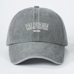 Detailed front view of washed gray baseball cap with white California embroidery
