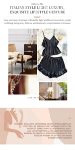 Détails de l'ensemble pyjama en satin noir avec caraco à col en V et short à volants de luxe