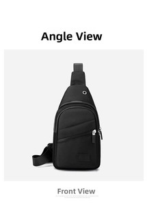 Detail view of black oxford fabric sling bag featuring a metal headphone port and logo