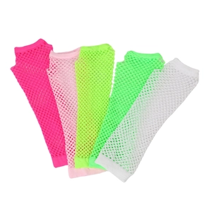 Close-up of long fishnet gloves in fluorescent pink, green, and white mesh fabric