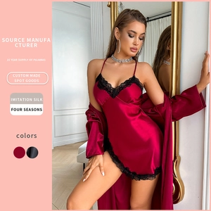 Peignoir En Satin Pour Femmes Et Nuisette À Bretelles Dentelle Col En V Vêtements De Nuit Élégant Soyeux Doux