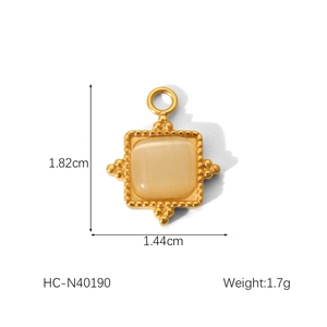 Detailed size view of square gold pendant with turquoise stone, 1.82cm by 1.44cm dimension