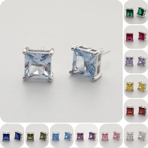 925 Sterling Silver Square Cut Zirconia Stud Earrings Multi Color Birthstone Geometric Four Claw Hypoallergenic Jewelry